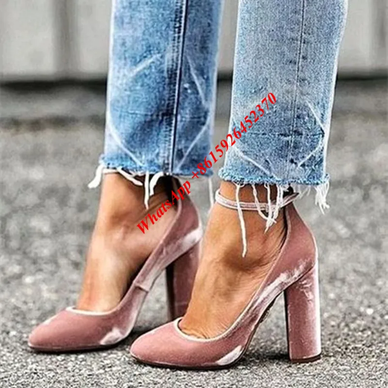 Blush Pink Velvet Women Pumps 2017 New Top Street Fashion Square High
