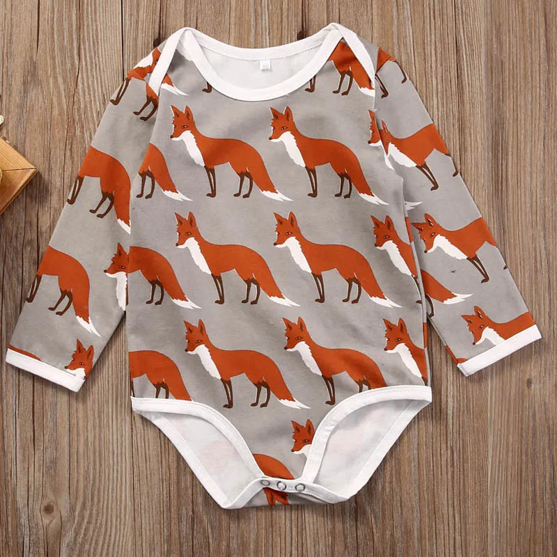 Милый комбинезон с животными для маленьких мальчиков; костюм с оленем для маленьких девочек; детская одежда с рисунком лисы; осенняя одежда с принтом для малышей