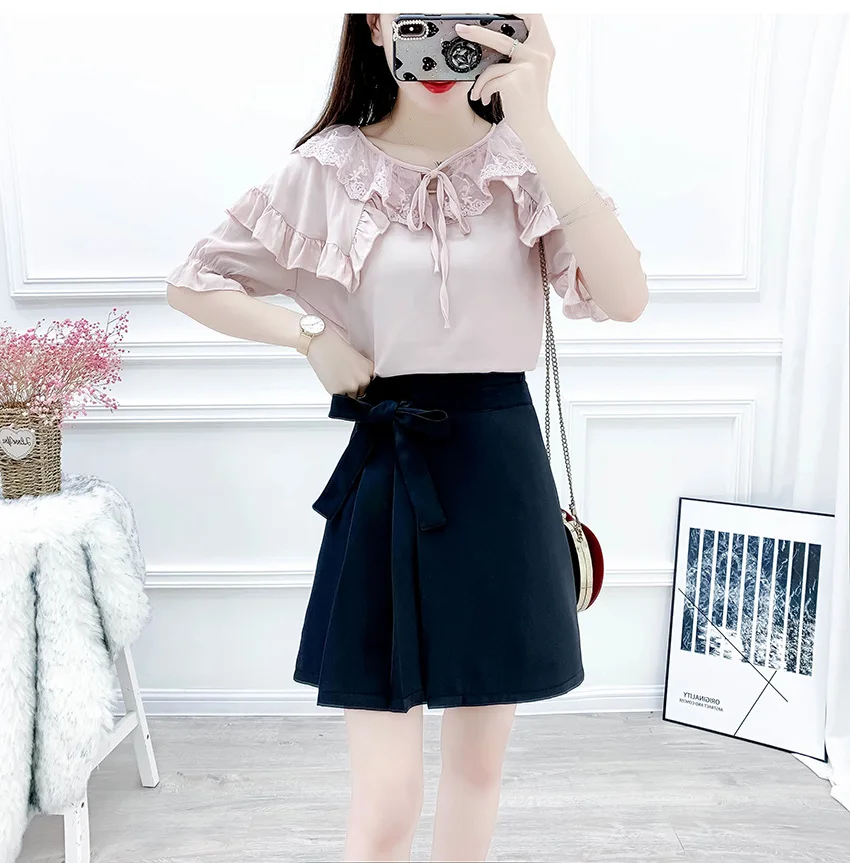 

Summer 2019 chattering super hot sweet princess style fashion suit flounce collar chiffon shirt lace pleated skirt