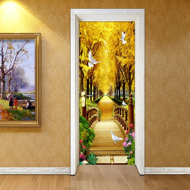 Фото обои 3D Золотой лес природа пейзаж фрески ПВХ водонепроницаемый Гостиная Дверь наклейка современные самоклеящиеся обои