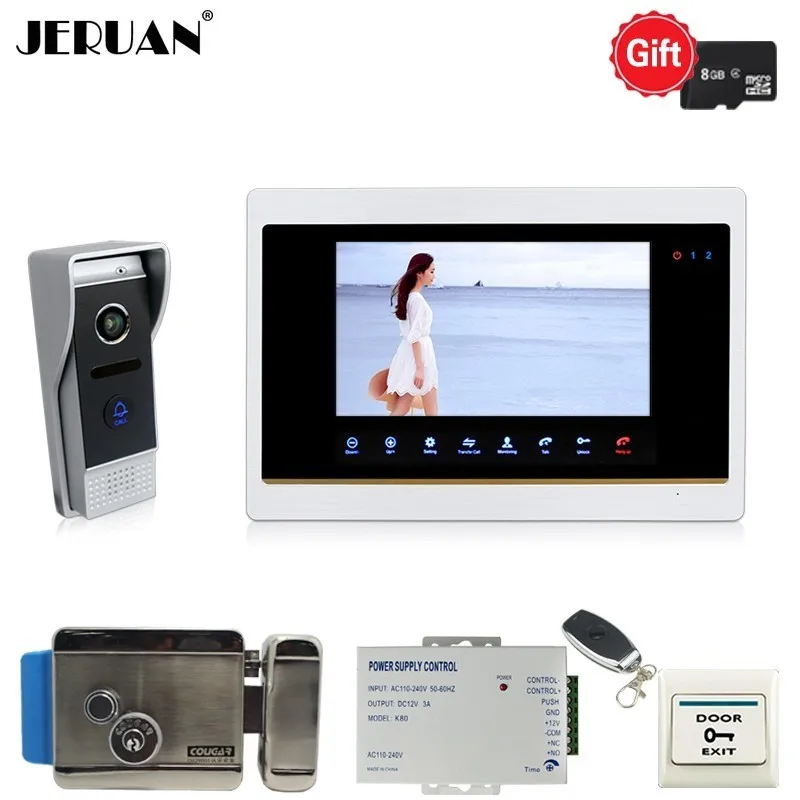 

JERUAN 720P AHD Motion Detection 7 INCH Video Doorbell Unlock Intercom System kit Record Monitor HD Wide Angle Camera With Lock
