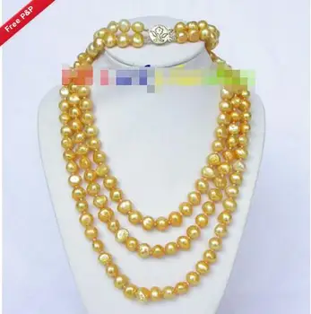 

Wholesale price 16new ^^^^^^length 49" 8-9mm baroque yellow golden pearls necklace 2row bracelet set j8457