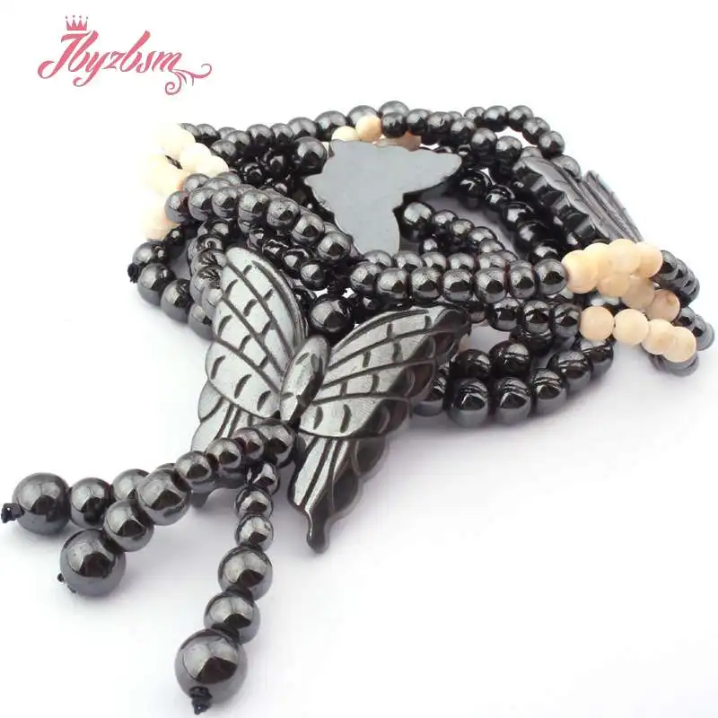 

6mm Round (No Magnetic) Hematite Natural Stone Butterfly Pendant Necklace Fashion Jewellery Women Gift 27" Free Shipping