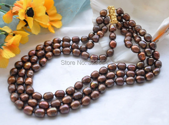 

3row 17" 12mm coffee rice FRESHWATER CULTURED pearl necklace