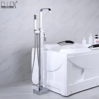 

Bath Floor Stand Faucets Square Bathtub Faucet Bright Chrome Free Standing Bath Faucet Hot Cold with Hand Shower ELB90