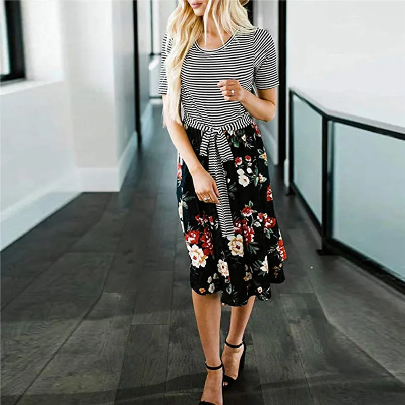  Women's Short Sleeve Stripe Floral Print Tie Waist Swing Midi Dress with Pockets Summer Holiday Dress For Ladies Girls 40MY14 (2)
