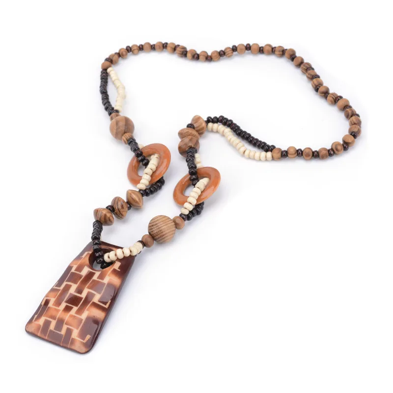 

Vintage Natural Square Wood Hand carved Ancient Texture Sweater Necklace Pendant Necklace Women Jewelry Lovers' Valentine Gift