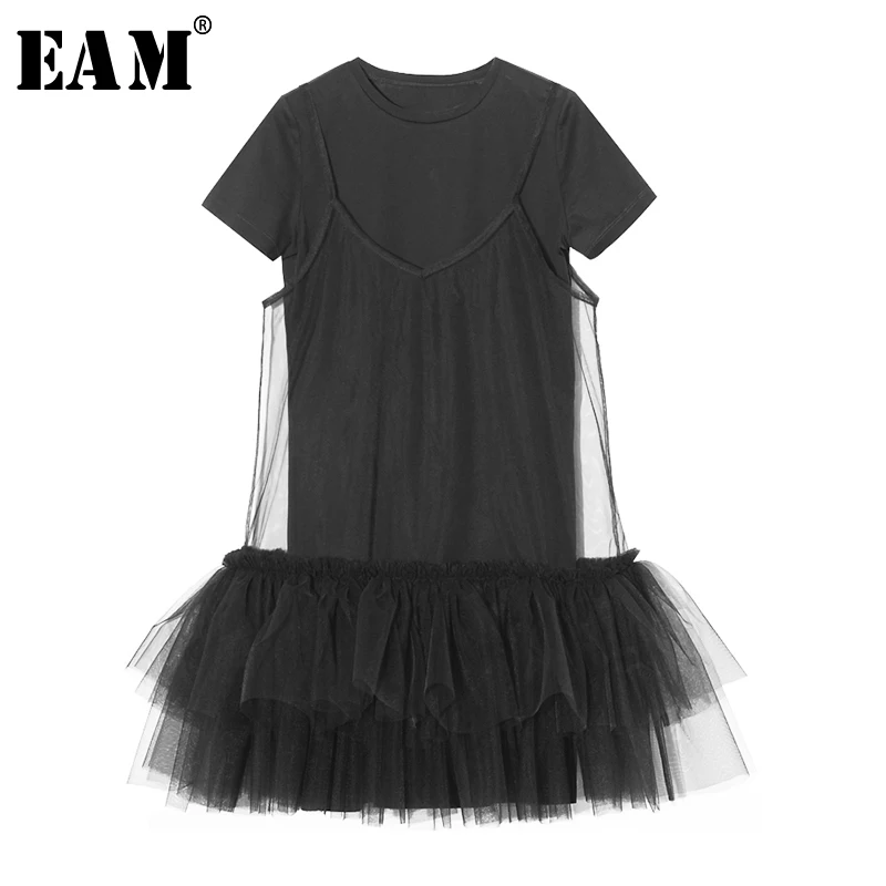 

[EAM] 2019 New Spring Summer Round Neck Short Sleeve Black Mesh Split Joint Loose Two Piece Dress Women Fashion Tide JW360