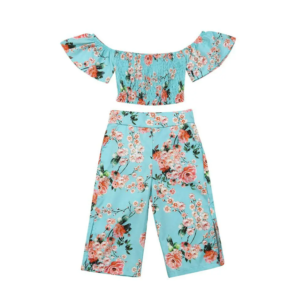 

Toddler Kids Baby Girl Floral Clothes Off Shoulder Top Wide Leg Pants Children's Summer Outfit