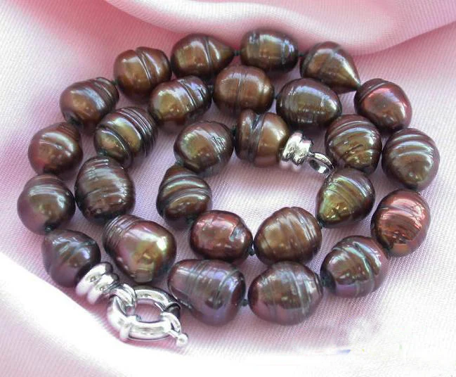 

New Arriver Real Pearl Jewellery,AAA 17inches 11-14mm Coffee Rice Freshwater Cultured Pearls Necklace,Free Shipping.