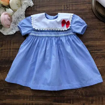 

Toddler Baby Dresses For Girls Cotton Plaid Short Sleeve Bow Vintage Dress Kids Dolls Collar Princess Smocked 1-3 Years Costume