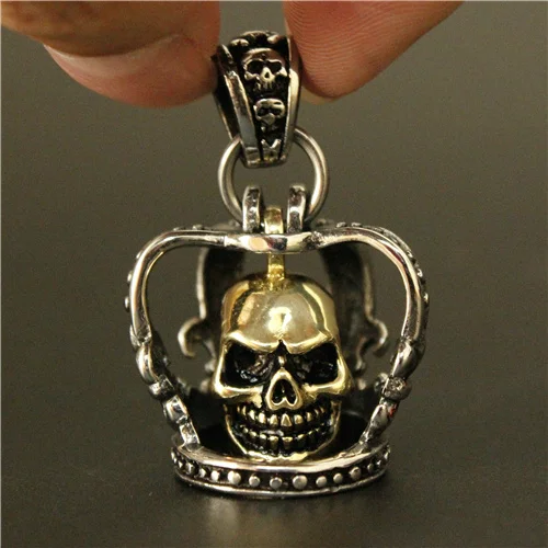 

New Cool Silver Crown Golden Evil Ghost Skull Pendant 316L Stainless Steel Biker Pendant