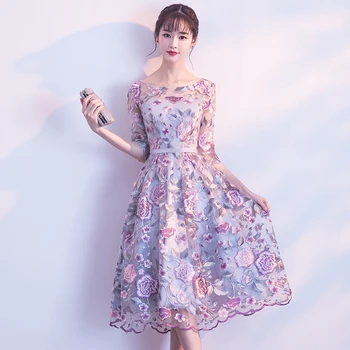 

New O-neck Embroidery Evening Dress Half Sleeve Lace Appliques Tea-length Party Gown Formal Dresses LF422