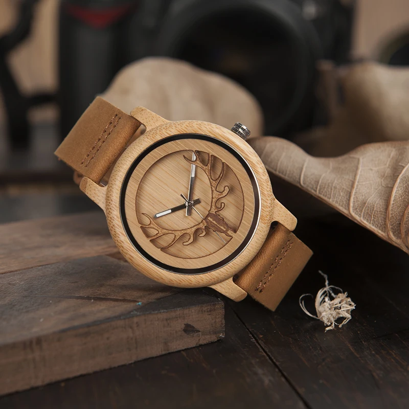 

BOBO BIRD Men Watches Hollow Deer Head Bamboo Watch Quartz Genuine Leather Strap Wristwatch relogio masculino B-A27