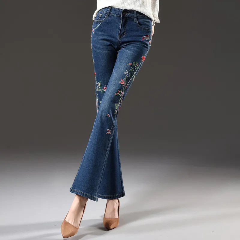 

Embroidery jeans denim casual capris cotton blend flare pants for women plus size autumn spring new fashion trousers tyn0714