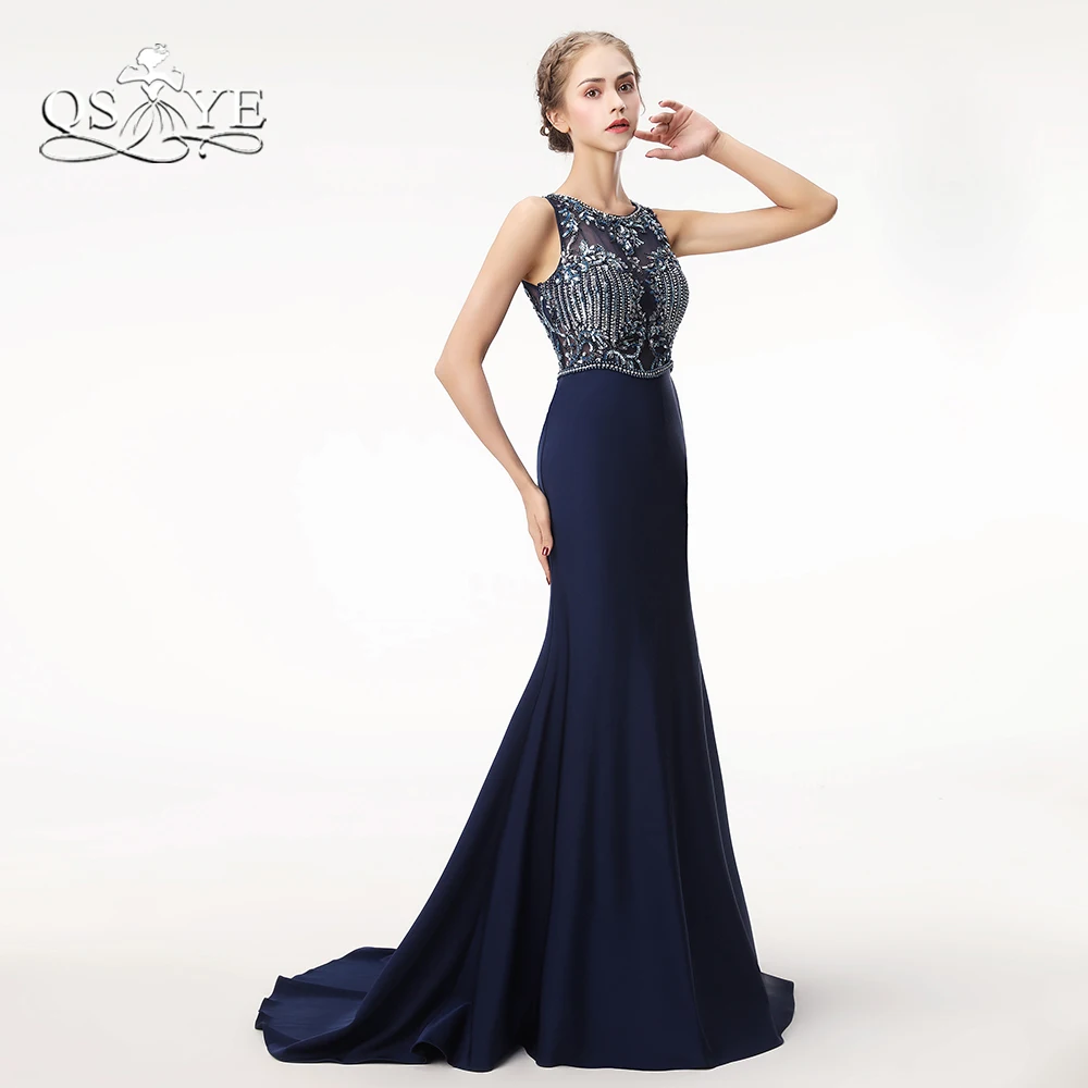 Qsyye Длинные Русалка Выпускные платья Robe De Soiree бисером топ с открытой спиной развертки Поезд атласная Формальное вечернее платье партии платье
