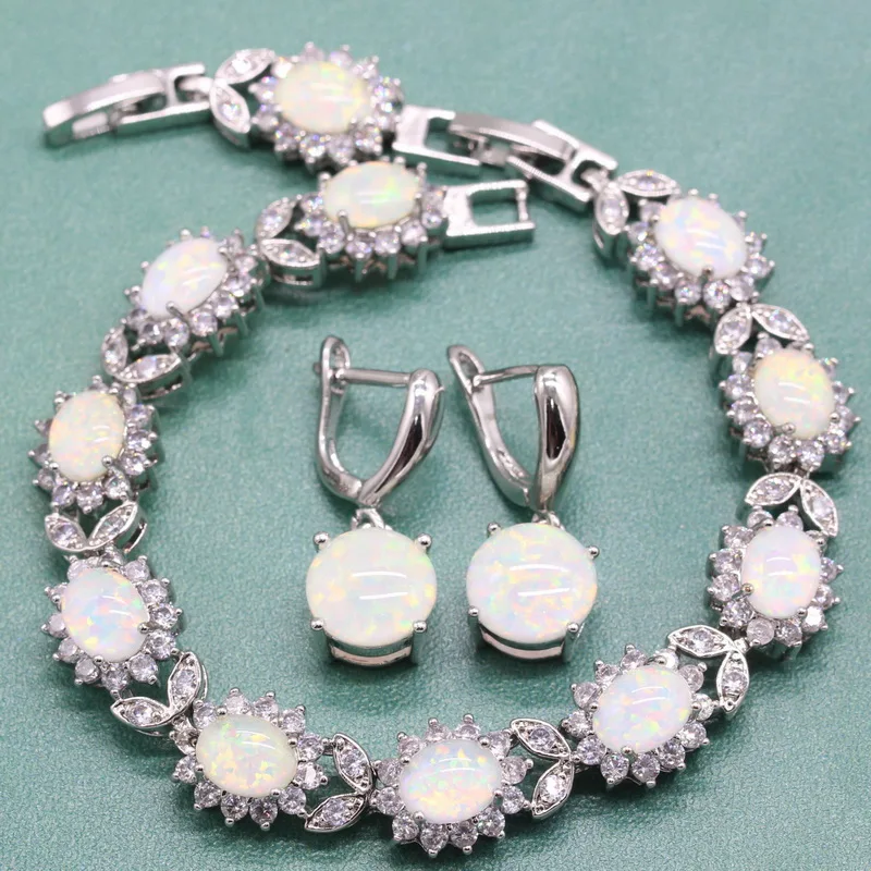 

Round White Australian Fire Opal 925 Sterling Silver Bracelet Sets For Women Earrings With Stone Bracelet Free Jewelry Box