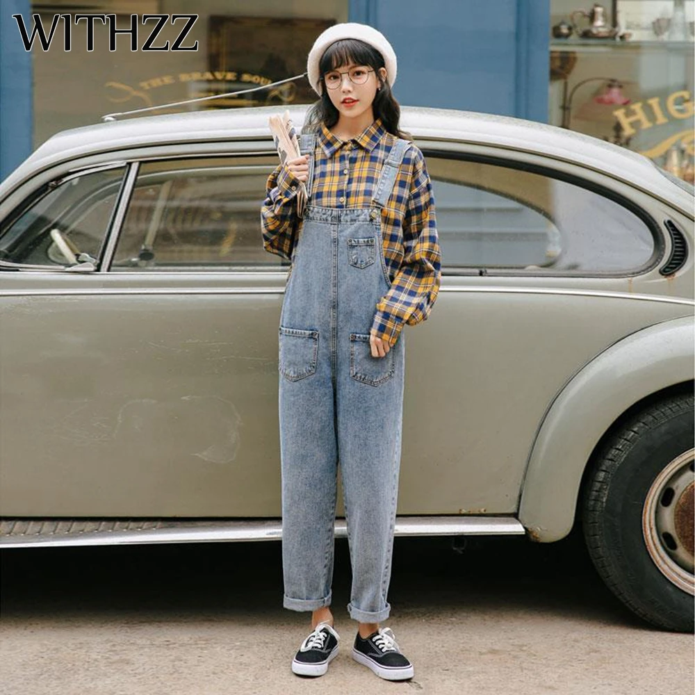 WITHZZ Spring Autumn High Waist Strap Pants Pocket Denim Jumpsuit Women Romper Jeans Jumpsuit Female Streetwear - Цвет: 801Retro Blue