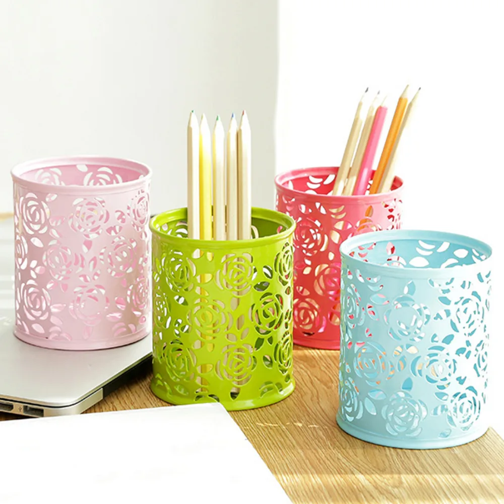  Hollow Rose Flower Cylindrical Metal Cosmetic Storage Makeup Brush Container Eyeliner Eyebrow Penci