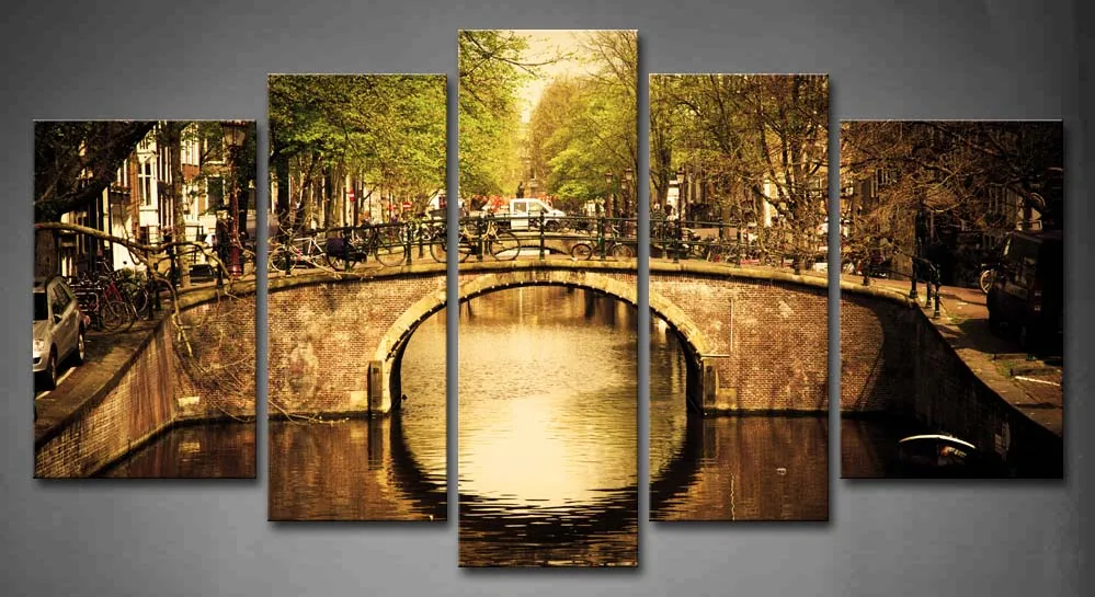 

5 Pics Framed Wall Art Pictures Bridge Town River Vehicle Canvas Print Architecture Posters With Wooden Frames For Decor
