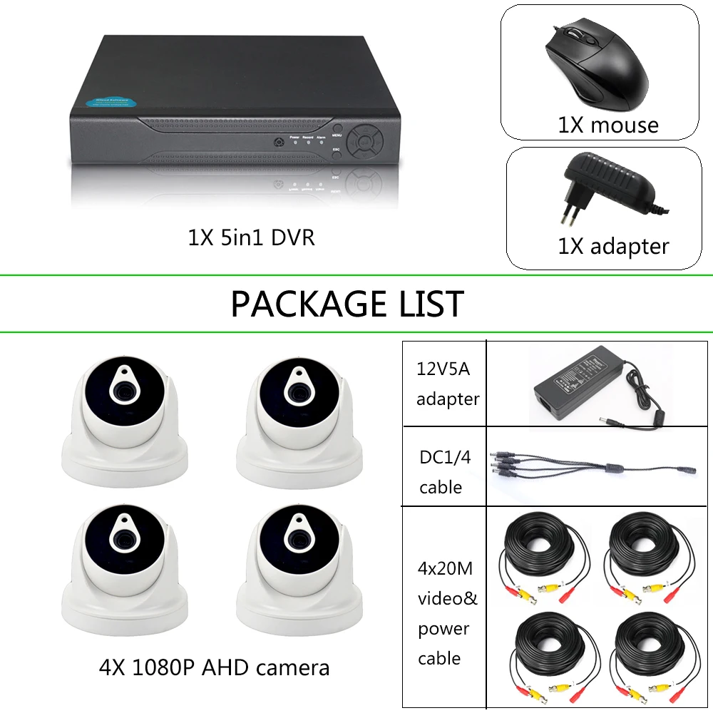 YiiSPO 4CH Камера видеонаблюдения комплект 1080P AHD камера HD CCTV DVR kit HDMI выход VGA просмотр телефона Крытый/водонепроницаемый P2P 2.0MP 1080N DVR 20 mcable