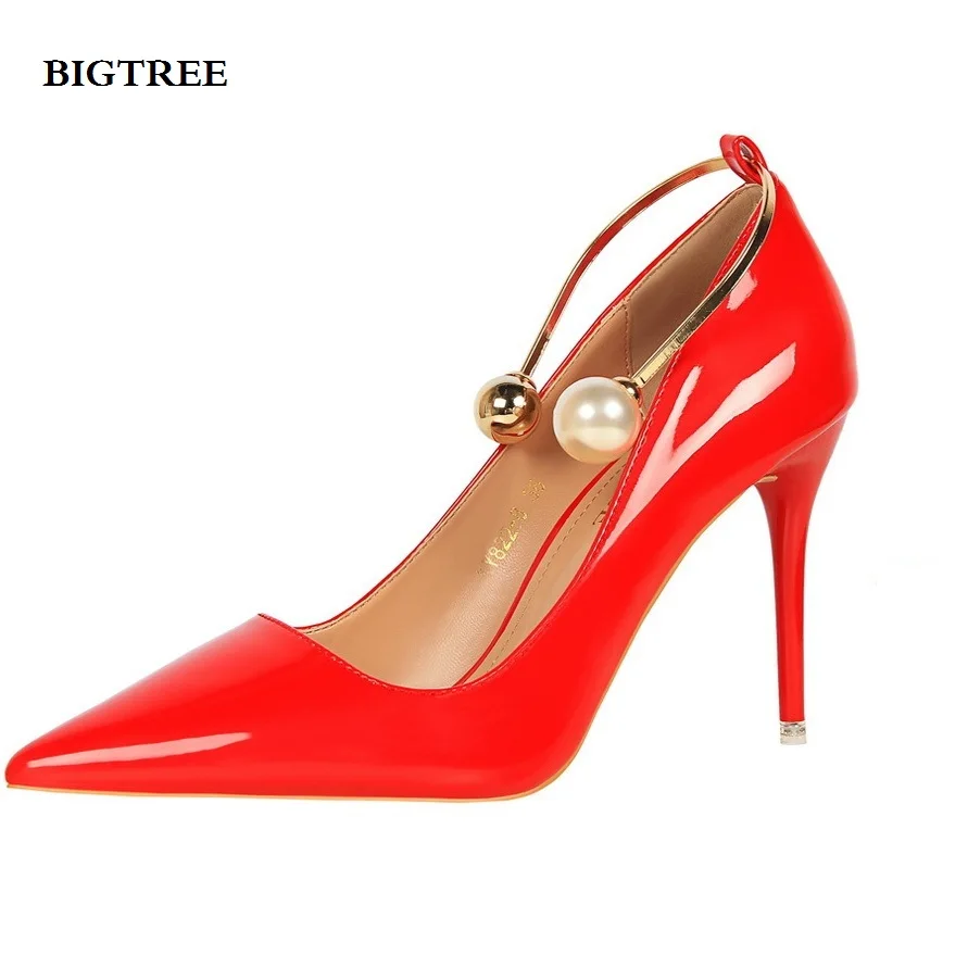 

High Heels Women's Sandals Summer Autumn Flock Shoes Woman Ladies Pumps Sexy Thin Air Heels Patent leather pointed metal pearl