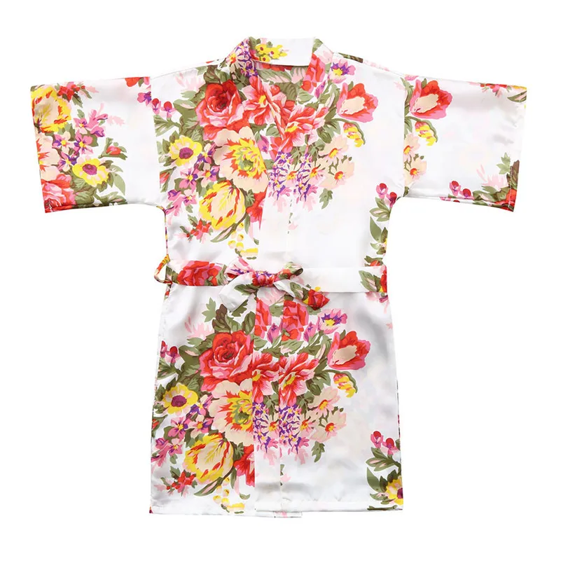 Модная летняя одежда для малышей для девочек цветочный шелк атласное кимоно; наряд халат одежда для сна modis Халат продажи F1