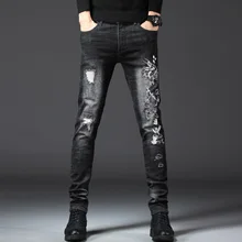 Мужские облегающие джинсы весна лето Модные эластичные вышитые рваные узкие черные джинсовые брюки для мужчин большие размеры