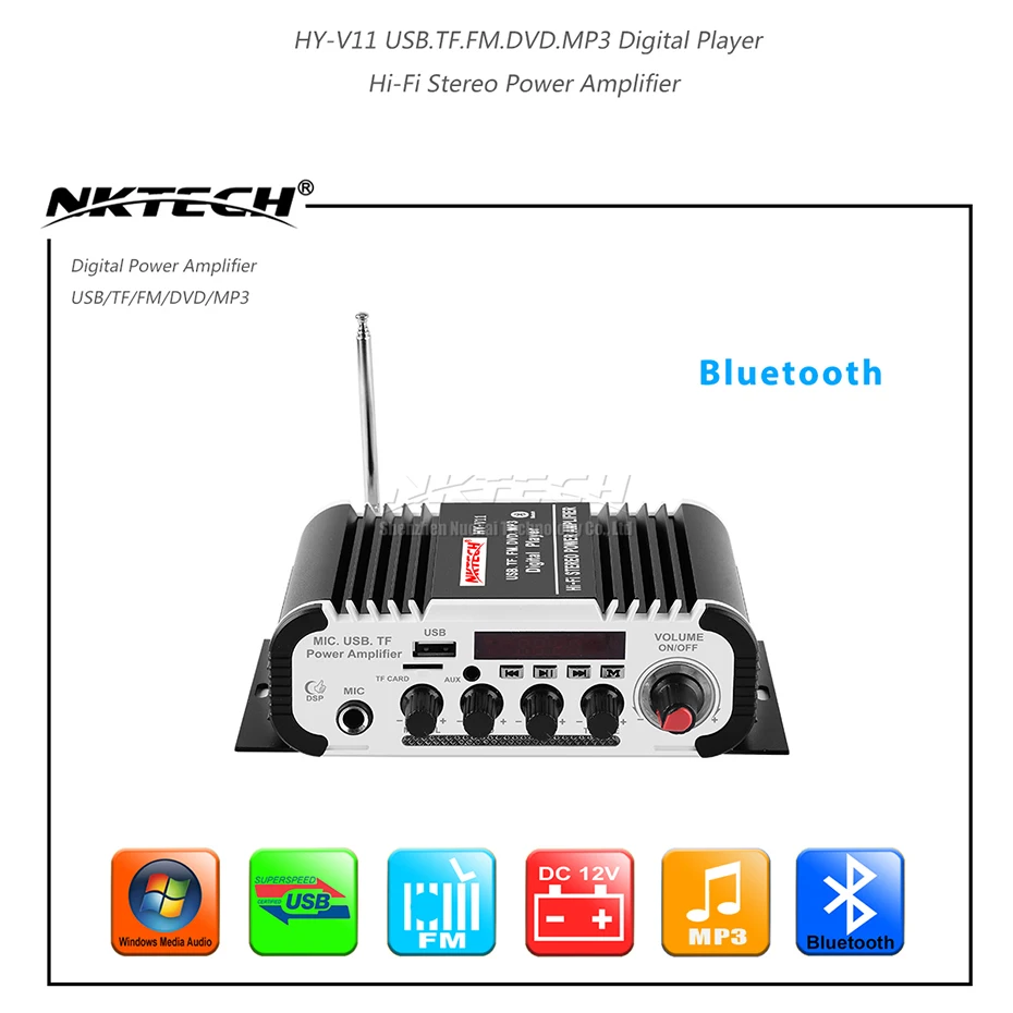 NKTECH HY-V11 Автомобильный цифровой аудио плеер Bluetooth усилитель мощности 2CH x 20 Вт Hi-Fi стерео бас-усилитель с микрофоном караоке реверберация