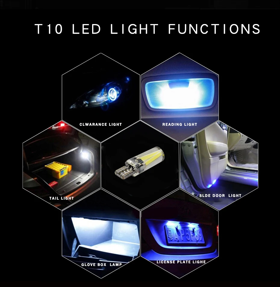 2x T10 Canbus Car LED Silicone Lights T10 194 W5W No Error Filament COB Warm White Light Car-styling Blue Red Crystal Blue Color (6)