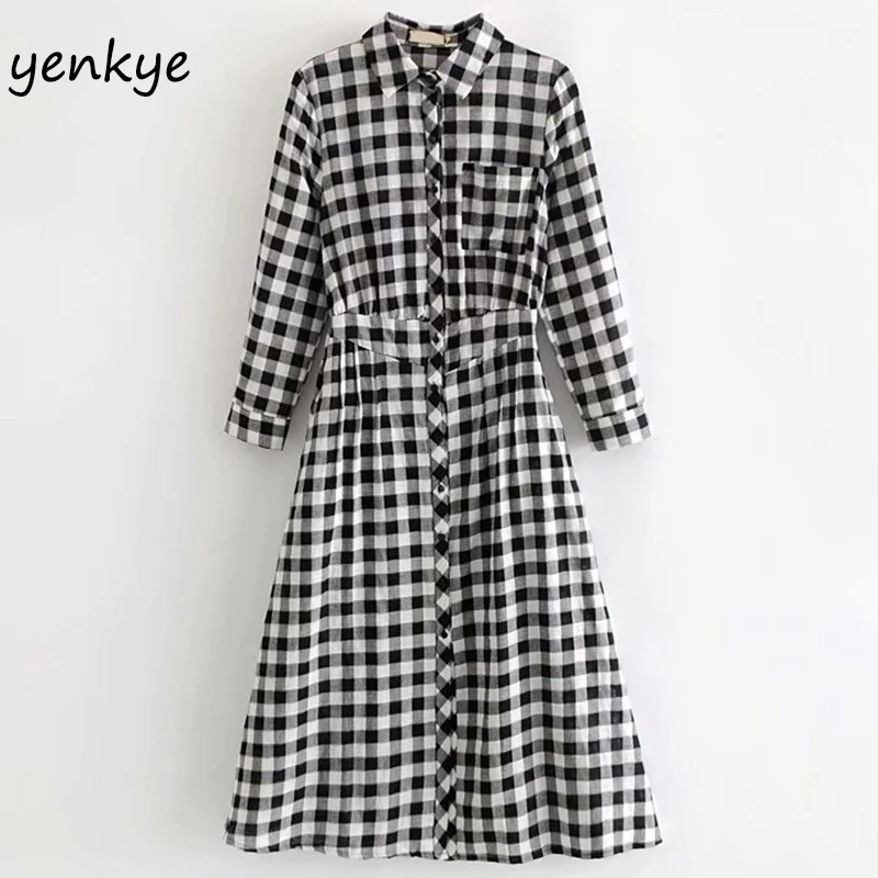 

Spring 2019 Women Vintage Black White Plaid Shirt Dress Lady Turn-down Collar Long Sleeve Midi A-line Dress DWDD60112