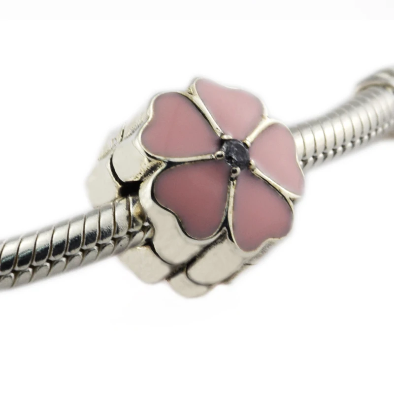 

DIY Fits Pandora Charms Bracelets Primrose Clip Beads with Pink Enamel 100% 925 Sterling-Silver-Jewelry Free Shipping