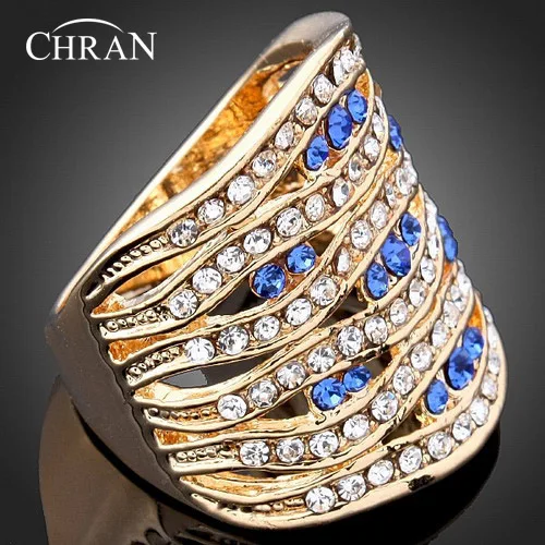 

CHRAN Simple Blue Crystal Eternity Ring Luxury Gold Color Women Promised Rings