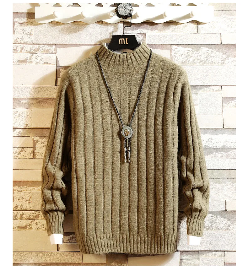 Зимний мужской свитер новый модный толстый теплый пуловер с высоким воротом мужской однотонный полосатый дизайн трикотажные свитера Топ