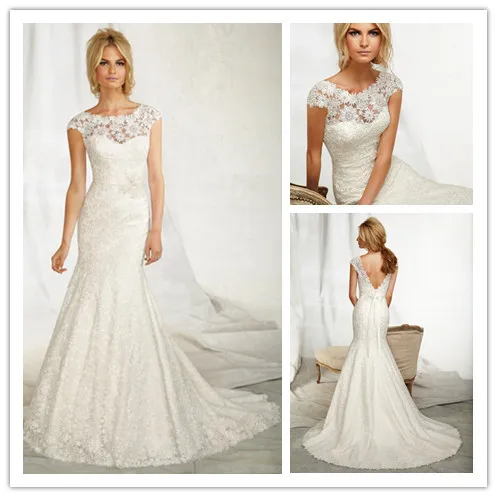 Elegant Scoop Neckline Lace Dress Wedding Fish 2014 See Through