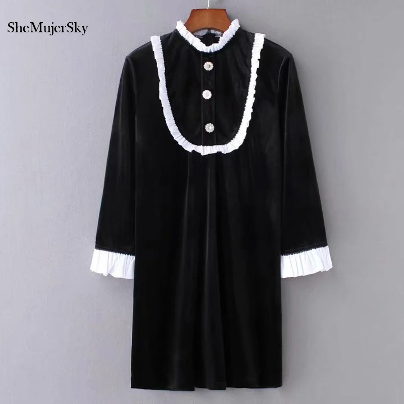 

SheMujerSky Women Autumn Velvet Dress Black Ruffles O-neck Mini Dress With Buttons 2018 Dresses Ladies
