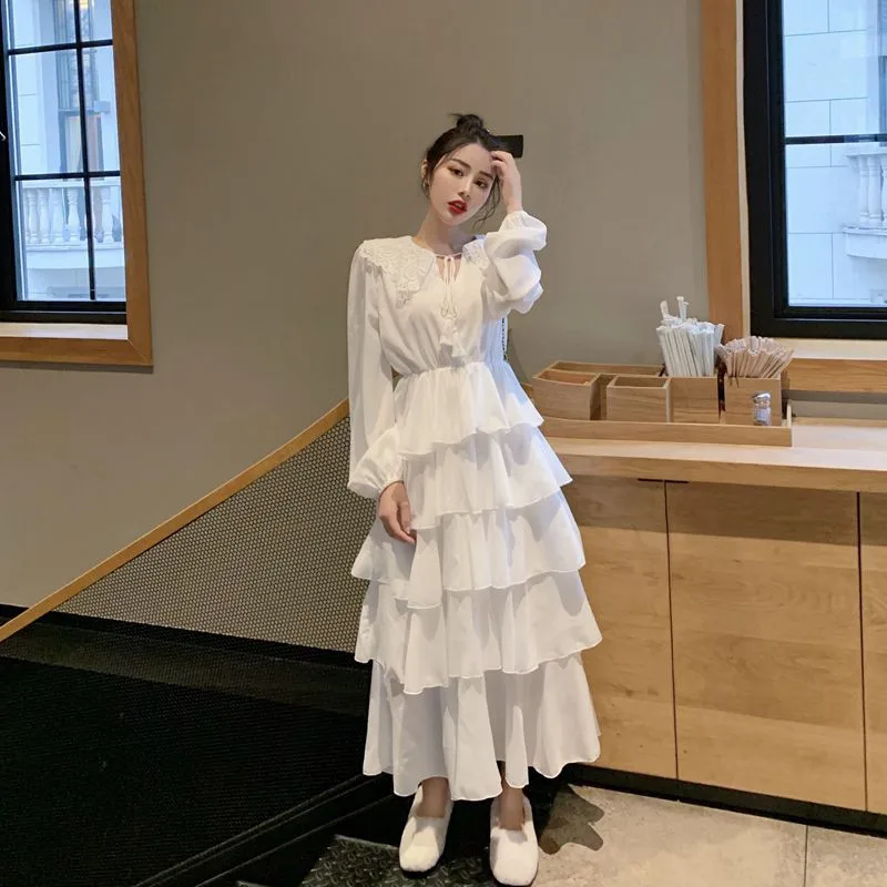 

French Women Fairy Summer Dress Sweet Cascading Ruffled Peter Pan Collar Long Sleeve Cake Dress Holiday Chic Slim Dress Vestidos