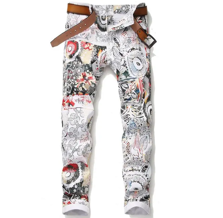 

Mens Fashion Floral Painting Jeans Classic Plants Printed Casual Slim Trousers Stretch Denim Young Man White Jeans #5641