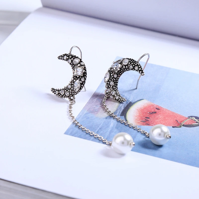 

Long Women Earrings Elegant Shiny Crystals Moon Simulated Pearl Pendant Drop Earrings Fashion Jewelry Gift Accessories