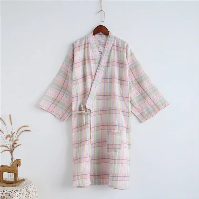 Plaid Japanese Kimono Robe Cotton Yukata Women Bath Robe Soft