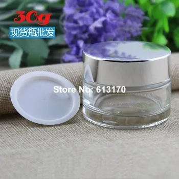 

HIgh grade 30ml 30g Glass empty cream Jar with Bright Silver lid cosmetic packing Container Clear refillable jars