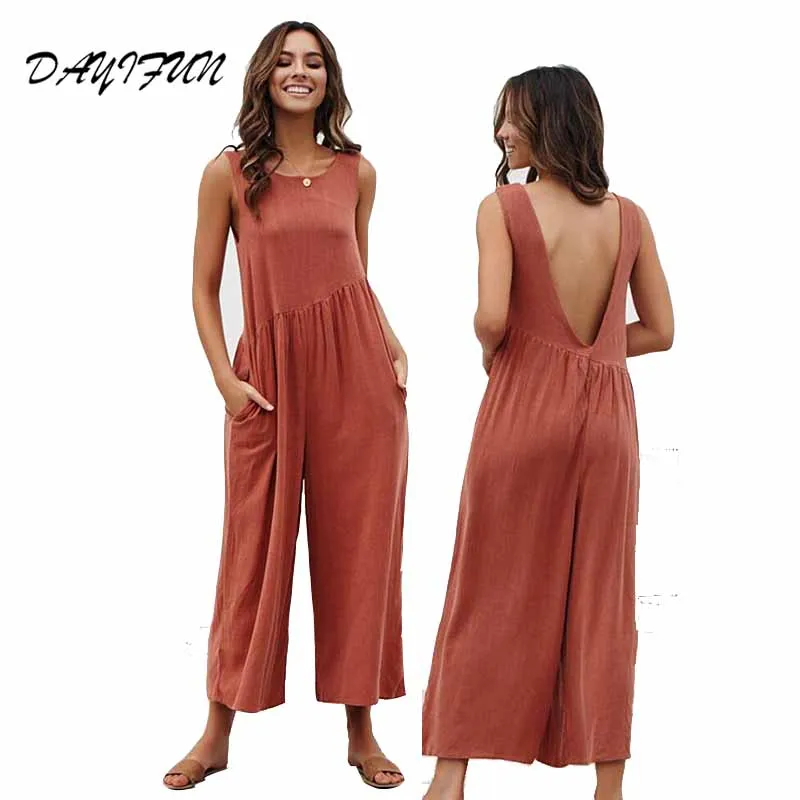 

DAYIFUN Long Rompers Womens Jumpsuit 2019 High Waisted Wide Leg Jumpsuit Long Pants Female Backless Loose Overall DCJ-18657