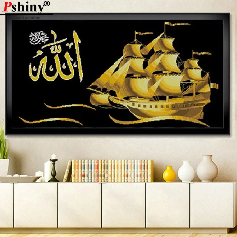 

PSHINY DIY 5D Diamond embroidery sale Islamic gold boat scenery paintings from crystals full drill round pictures of rhinestones
