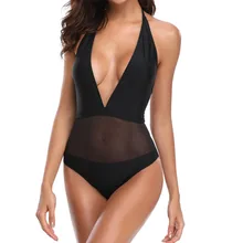 Женский Глубокий V Цельный купальник через прозрачную сетку черный купальник с открытой спиной Монокини пуш-ап мягкие купальные костюмы W9327