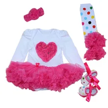 4PCs per Set Baby Girl Hot Pink Lace Love Tutu Dress Infant 1st Birthday Party Outfit Leg Warmers Shoes Headband