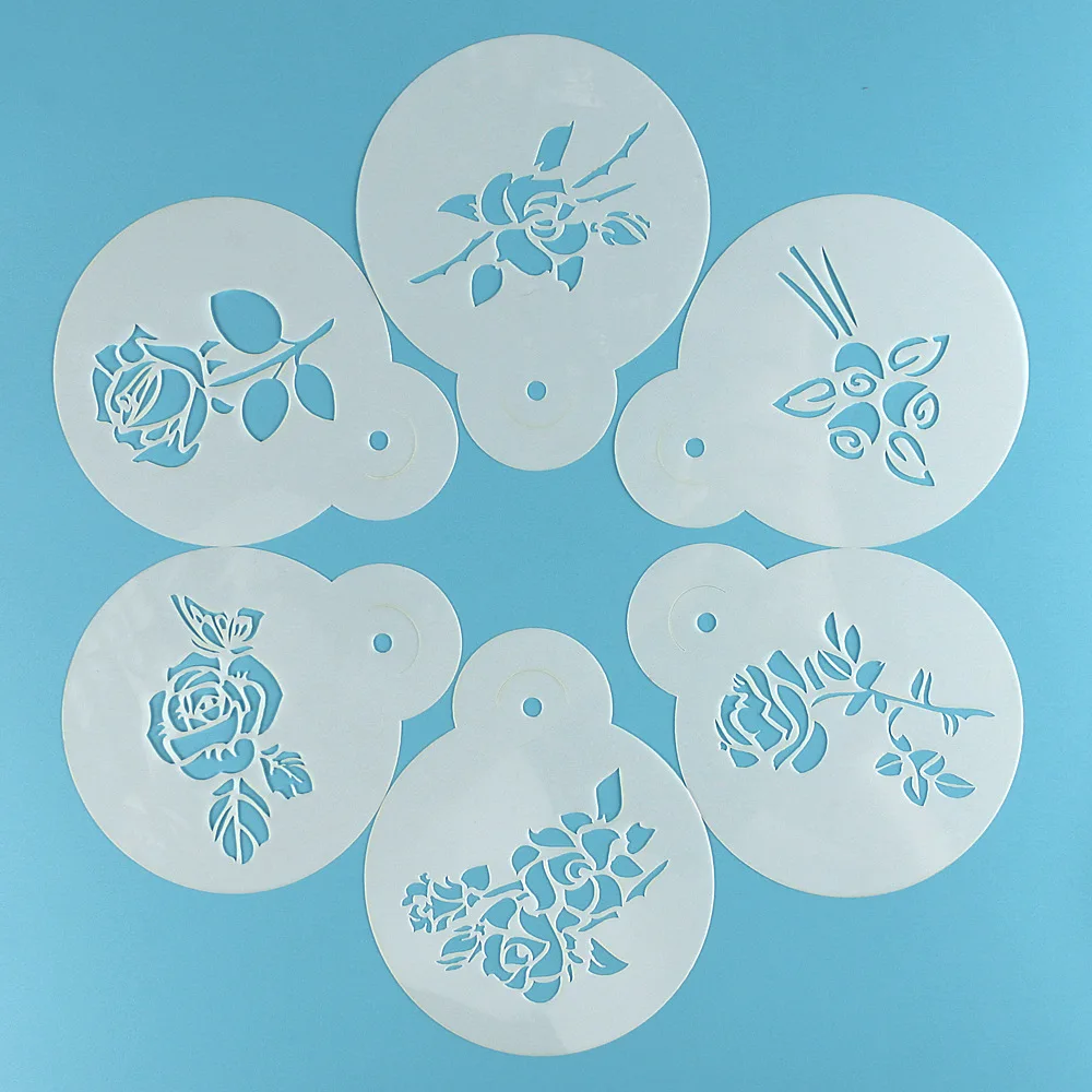 

6pcs Art Cake Stencils Rose Flowers Coffee Templates Cookie Decorations Flower Design Reusable Stencil Airbrush Painting Crafts