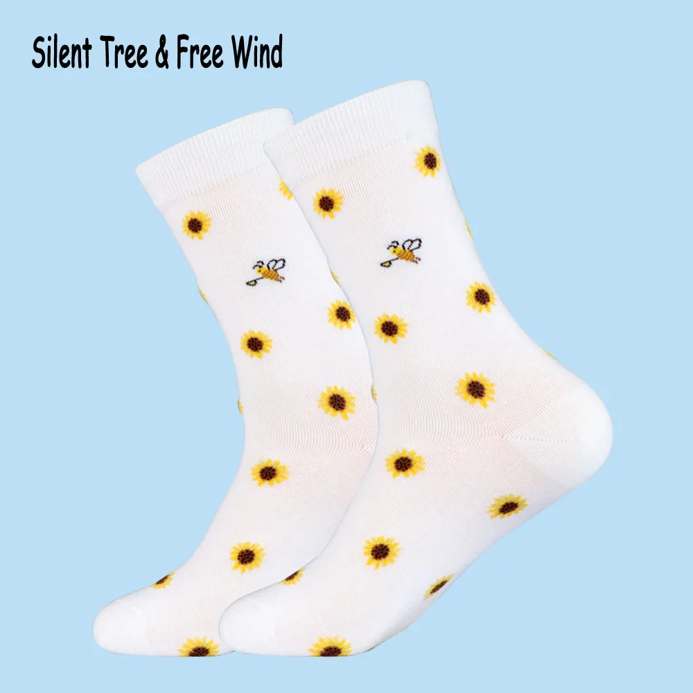 Image EU35 40 Women Cute Sunflower Bee Cotton Crew Socks Japanese Girls Female Funny Kawaii Floral Patterned Art Long Sox