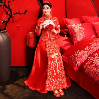 

Chinese Bride Toast Clothes Vintage Asian Women Wedding Dress Embroidery Phoenix Cheongsam Traditional Full Length Qipao
