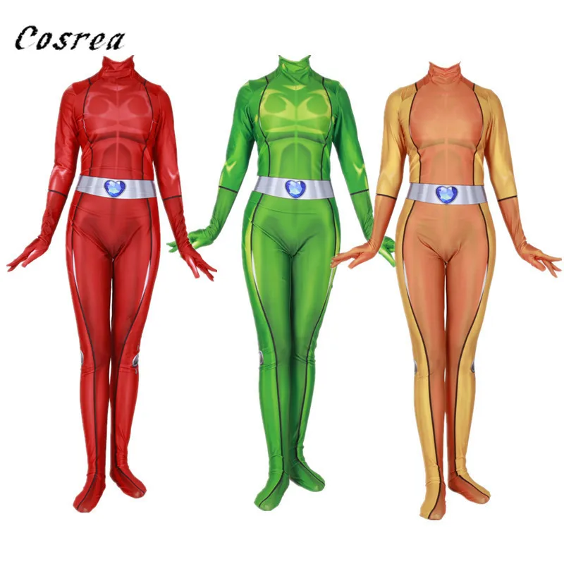 

Totally Spies Zipper Bodysuit Onesie Women Zentai Cosplay Clover Ewing Samantha Alexandra Ladies Bodysuits Halloween Costume