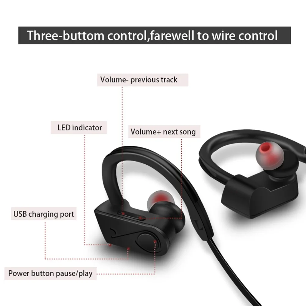 SOONHUA Wireless Bluetooth Earphone Ear Hook Sports Stereo Headphone Waterproof Bass Headset With Handsfree Microphone For Phone